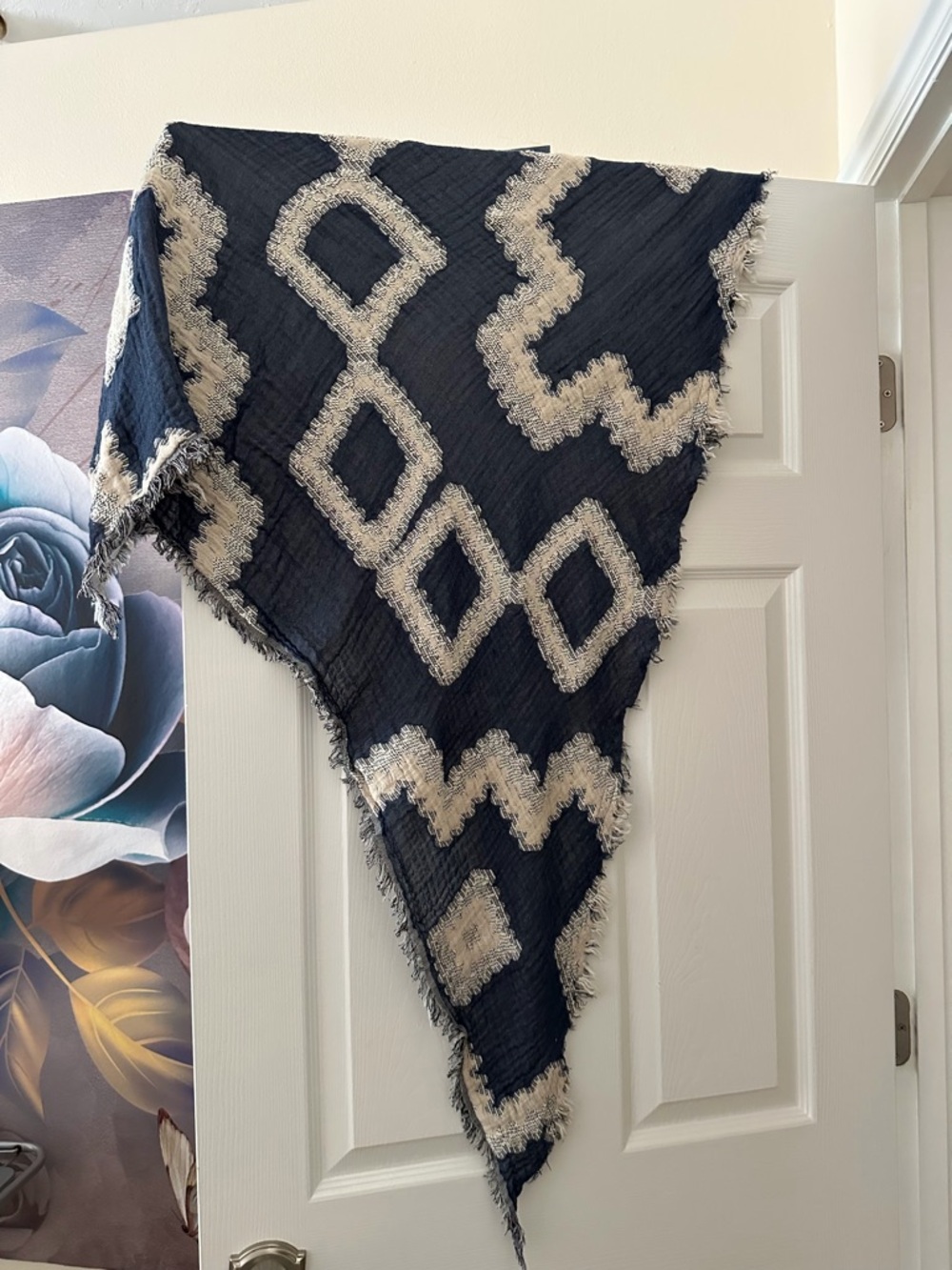 Navy Blue & Cream Geometric Fringe Scarf
